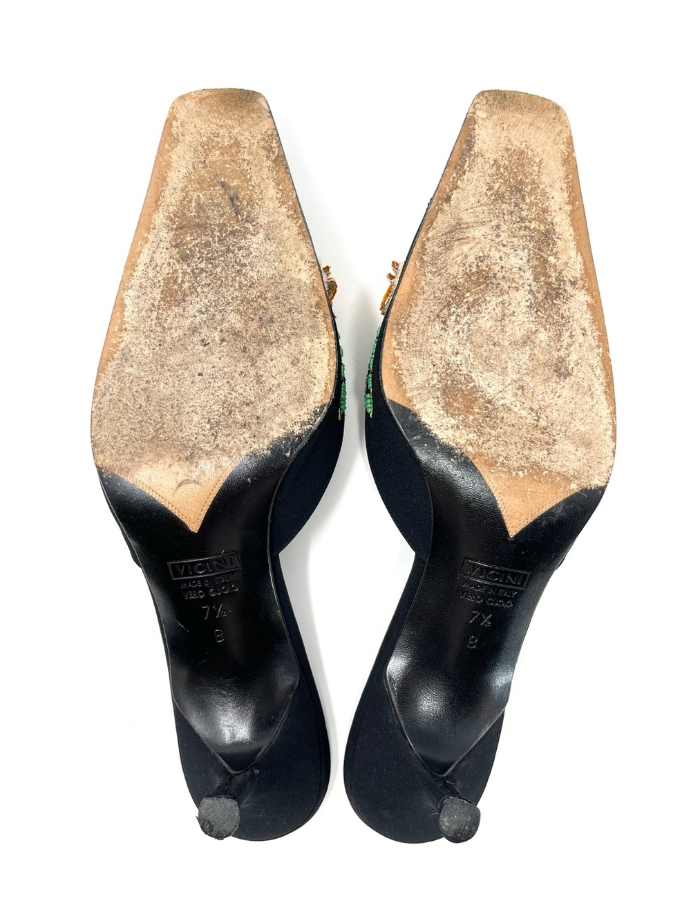 Vintage Giuseppe Zanotti Y2K Black Satin Beaded Flower Mules Kitten Heels 7.5 - Picture 8 of 10